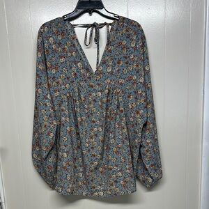 Impressions Blue Pink Tie Front Long Sleeve Lightweight Blouse balloon sleeves